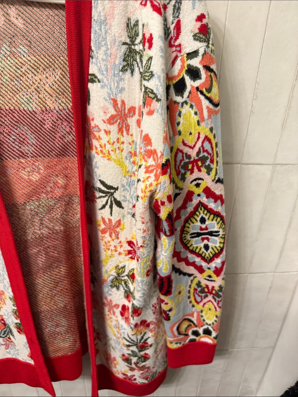 Alice + Olivia Multicolor Floral Open-Front Cardigan with Red Trim - Picture 3 of 4